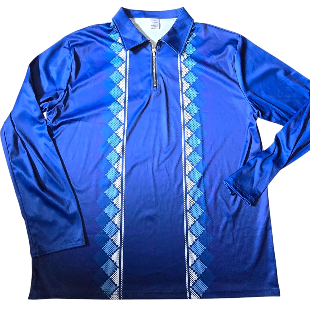 Pre-Owned 1/4-Zip Mens 3XL Blue Geometric Long Sleeve 100% Polyester Shirt Nice